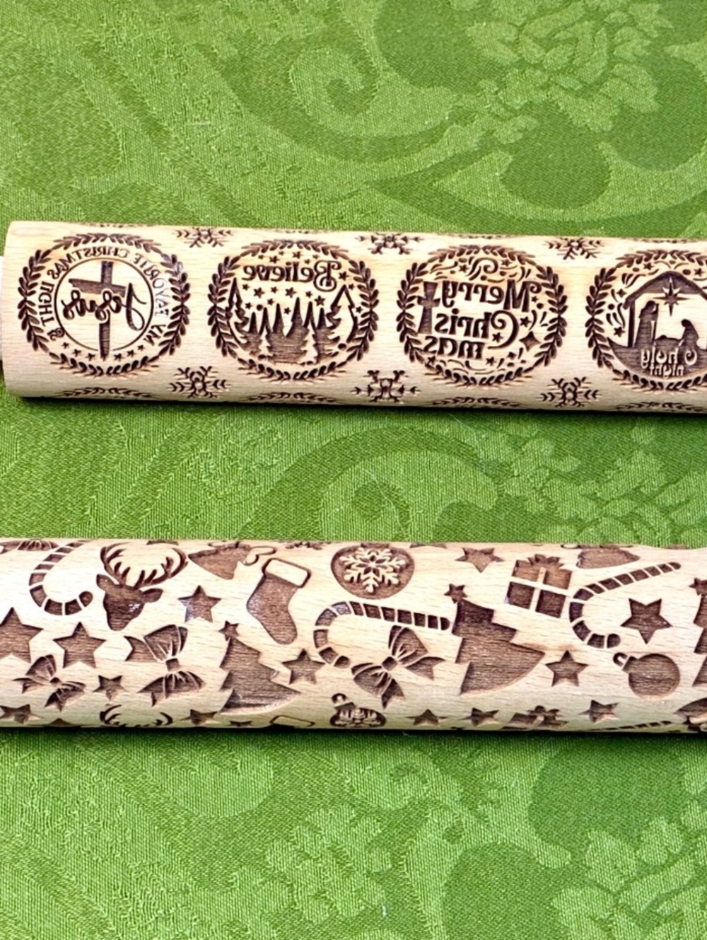 Wood Christmas Embossing Rolling Pin set of 2